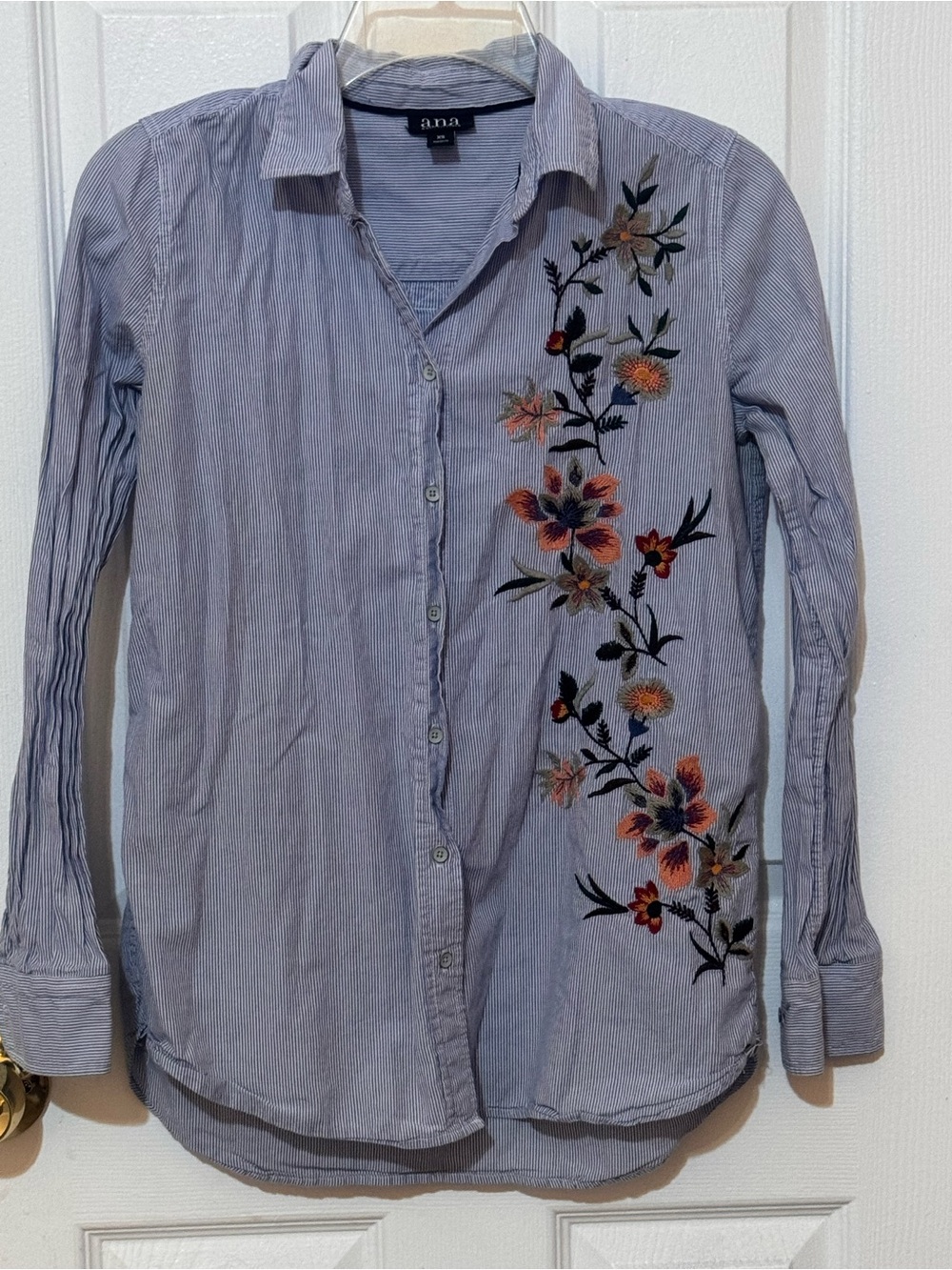 a.n.a Light Blue Pinstripe Shirt with Embroidered Floral Vine